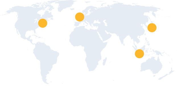 A geographic map of the world in which there are markers placed on some cities, New York, London, Jakarta and Tokyo